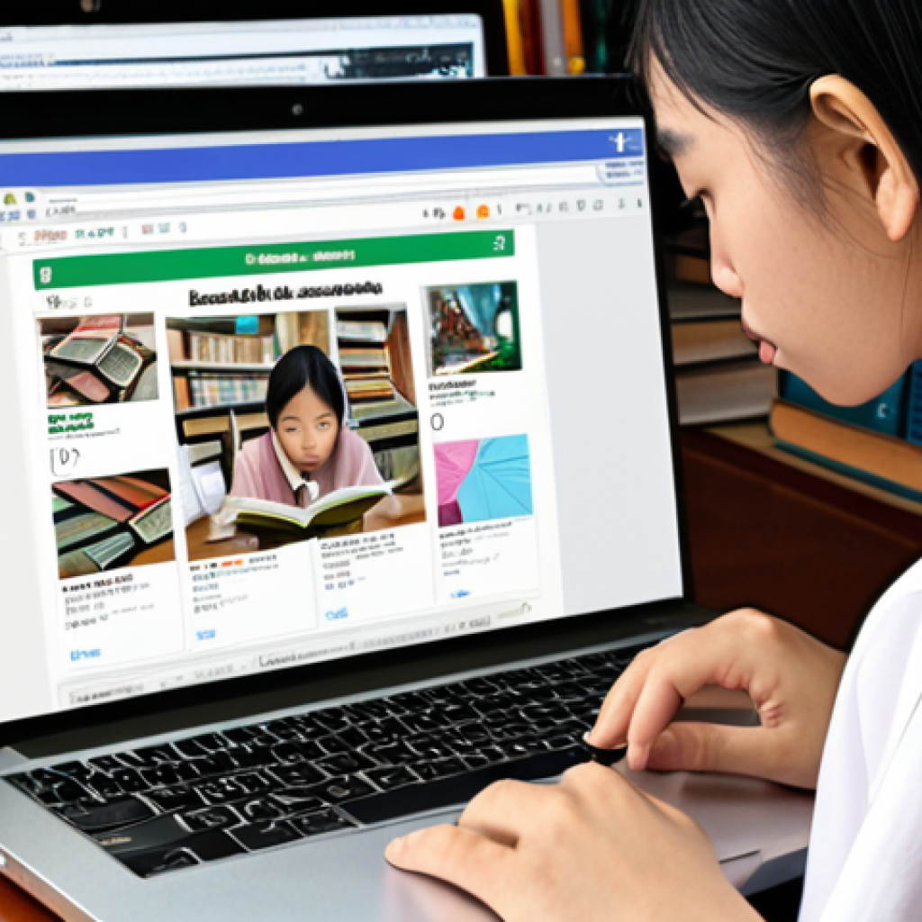 ** A Vietnamese student intensely focused on a laptop screen, surrounded by books and papers. The laptop displays a search results page with highlighted keywords. The scene emphasizes concentration and efficient information gathering. *Keywords: Vietnamese student, studying, laptop, search results, focused, information retrieval.*

**