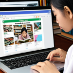 ** A Vietnamese student intensely focused on a laptop screen, surrounded by books and papers. The laptop displays a search results page with highlighted keywords. The scene emphasizes concentration and efficient information gathering. *Keywords: Vietnamese student, studying, laptop, search results, focused, information retrieval.*

**