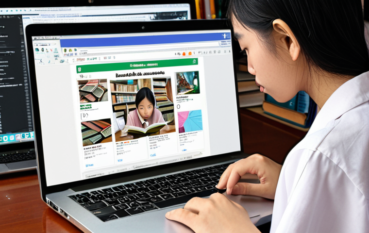 ** A Vietnamese student intensely focused on a laptop screen, surrounded by books and papers. The laptop displays a search results page with highlighted keywords. The scene emphasizes concentration and efficient information gathering. *Keywords: Vietnamese student, studying, laptop, search results, focused, information retrieval.*
**